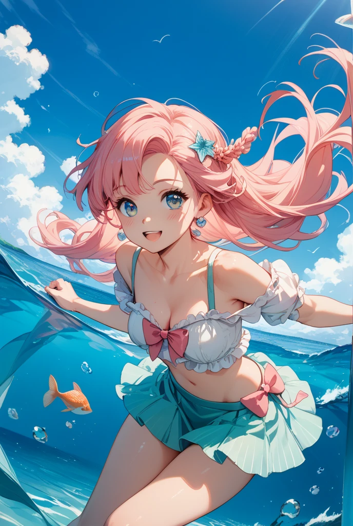 ((Highest quality)), ((masterpiece)), (detailed), high school girl、Pink twin tails、Sunny Spring、A row of cherry blossom trees with a stream flowing through it.、Slightly backlit、Wet competitive swimsuit、Ruffled mini skirt、Big thighs、Cute Boobs、Nipples erect、Sexy pose、looking at the camera、Red cheeks、Embarrassed expression、Sweat a lot、
