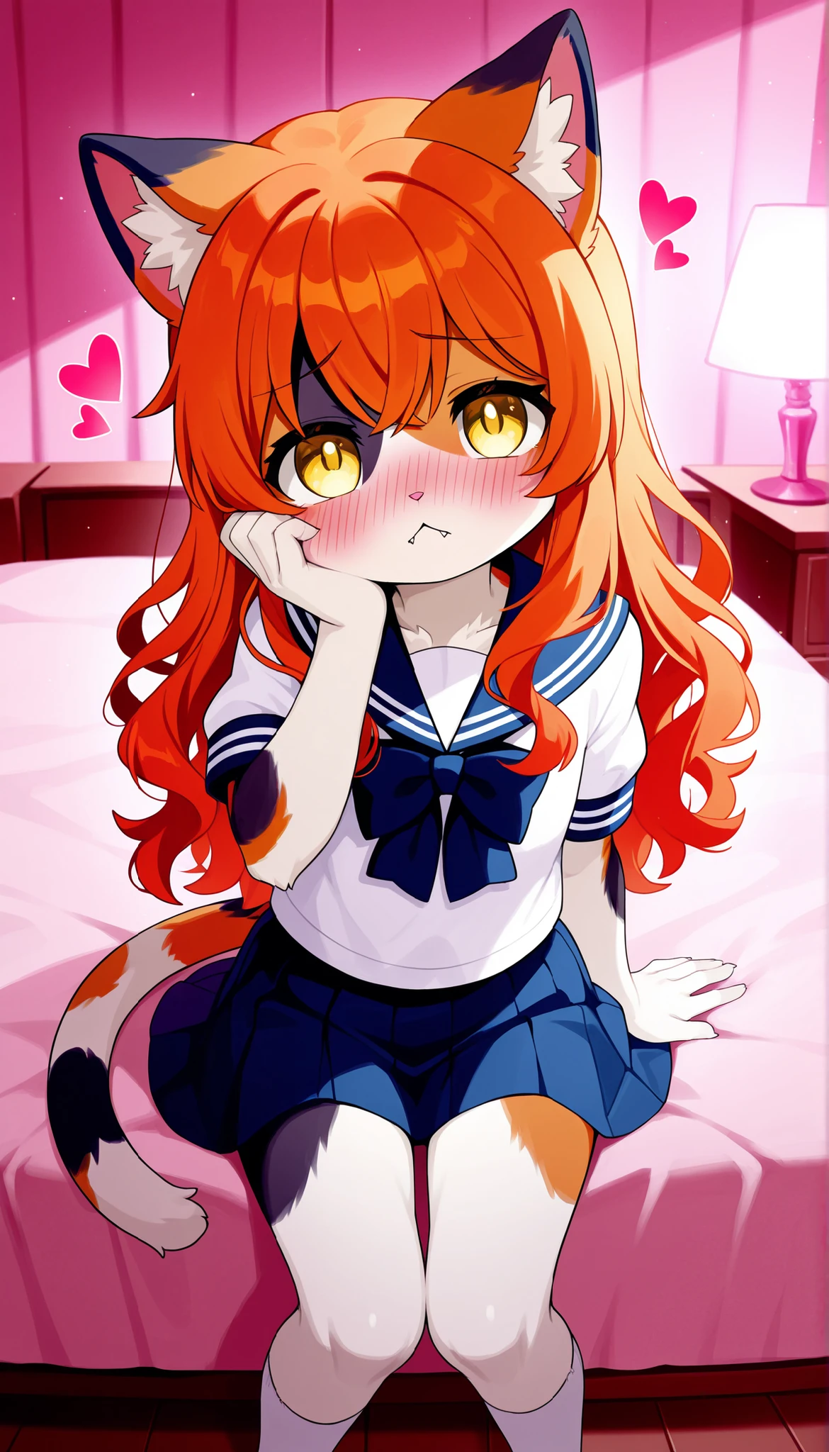 score_9, score_8_up, score_7_up, score_6_up, score_5_up, score_4_upsource_furry, a female anthro fluffy, 1girl, solo, female, furry, anthro, fluffy tail, small breasts, tiger, striped fur, yellow eyes, anthro, tkflora, looking at viewer, bird-eye view, on bed, (school uniform, black stockings:1.2), skirt lift, shy, blush, smile, lesd expression