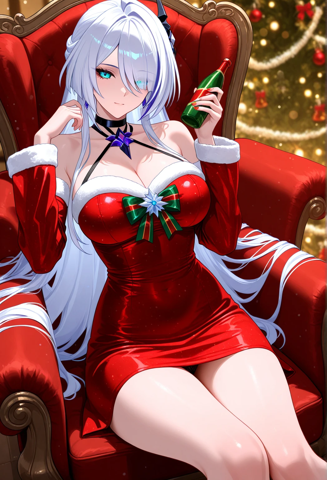 1 girl, Long silver hair, red eyes with slit pupils, large full breasts, (Santa Claus costume and red mini dress:1.4), Cleavage visible, String Hair Ribbon, Lying in a bed, Bedroom, (light_Smile:1.5),