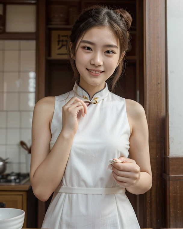 group photo of a girl and a huge pig,stood in the middle of a pig farm,short ponytail,bare shoulders,flat chests,torn apron,arms behind back,slender legs,realistic scenery,photography carnival,wildlife photography,aurora punk,animal and human styles,upper body,indoor