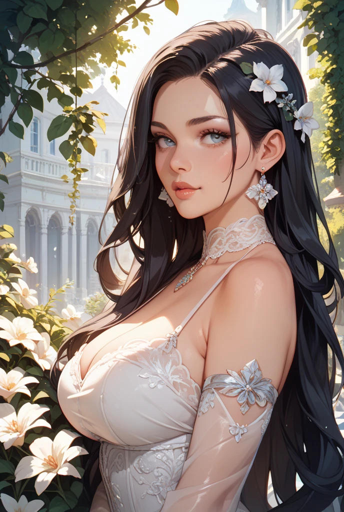 A girl in a garden,beautiful detailed eyes, beautiful detailed lips,extremely detailed eyes and face,long eyelashes,multiple flowers in her hair,flowing black hair,captivating smile,confident and elegant posture. Oil painting,ultra-detailed,high-res,realistic, vibrant colors. Energetic brush strokes and vivid texture. Soft and natural lighting, emphasizing the girl's graceful figure.