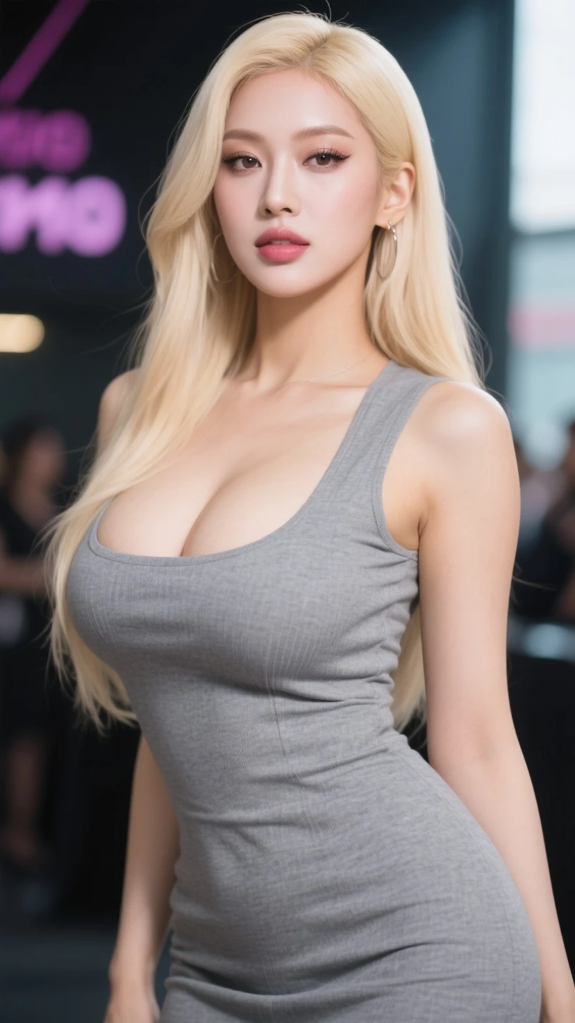 1girl, (Blue Eyes), (smiling :1.2), (Sana Minatozaki), wide hips, Big tits, big ass, (Best Quality, 8k, Masterpiece: 1.3), Clear Focus: 1.2, Perfect Body Beauty: 1.4, strong abs, Highly detailed face and skin texture, detailed eyes, double eyelids, (blond long straight hair :1.3), (black cleavage tanktop :1.2), (black plaid mini skirt :1.2), standing, dynamic pose, in a hotel room, windows in the background