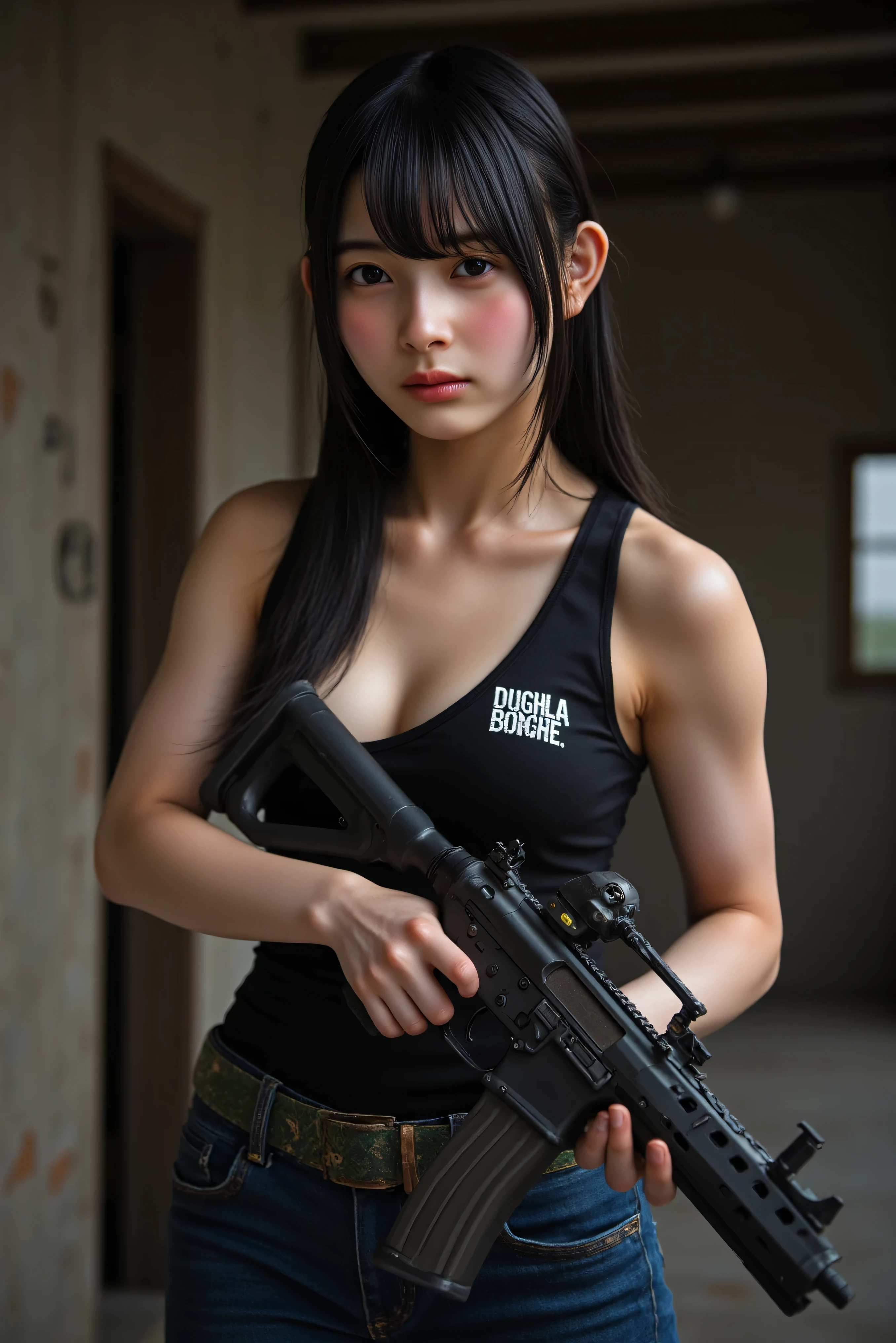 naked Highest image quality Best Quality slender with SMG Muscular body 1 woman