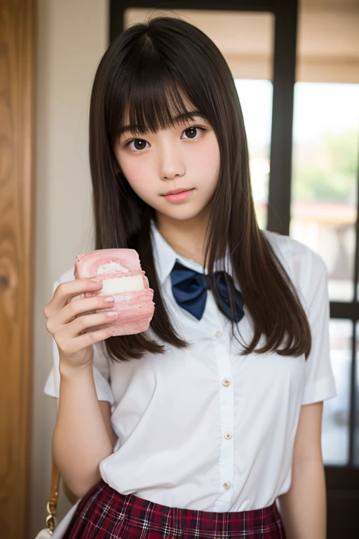 (masterpiece, best quality:1.2), 8k, official art, raw photo, incredibly absurdres, 2girl,15 years old,(loli:1.0),(small brests:1.2),(skinny:1.2),high school student,beautiful girl,(short ponytails:1.2),akb48,nogizaka46, 1girl, solo, looking at viewer, (smile:1.2), bangs,  black hair, sitting, ponytail,  sky, (dildo:1.2), day, indoors,    window, bed, on bed, curtains, ,bedroom,dildo,handjob,(serafuku:1.4), pov,