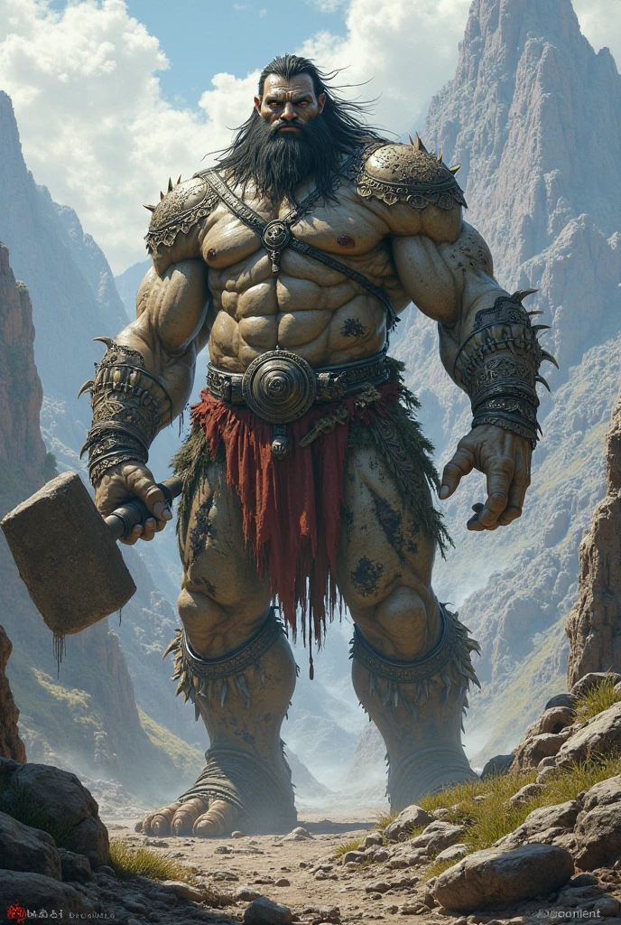 A not very tall Goliath man with gray skin with black tattoos on his body, uses a shield and armor with vines and iron
