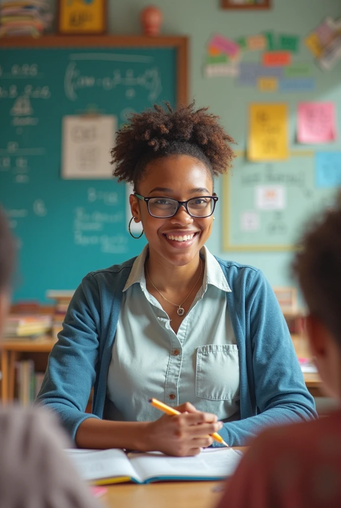Light skinned African American women, fluffy big curly afto, glasses, cute face card, big mommy milker tits, Juicy fat ass, wearing bright red bra, and black colored biker shorts, at elementary school with kids sitting in desk