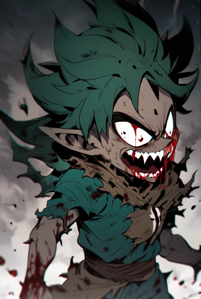 male , Evil, crazy laughter, blue eyes, blonde hair, sharp claws, scratches on hands, green clothes, pointed ears, small carnivorous fairies around him, creepy, fear, terror, horror