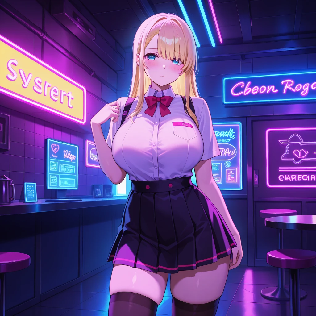 1girl, (((bimbo))),hoop earrings, puffy lips, painted lips, thick lips.
blonde hair, short twintails, wide hips, thick thighs, bursting breasts Nightlife, Night city, Cyberpunk city, futuristic cityscape. Neon lights, (skyscraper:1.1), Tokyo tower, palm tree, cloth sign, ramen stall, night club. bright city lights, exotic car. alcohol, bar, ramen, soup stall ,alcohol bottles,