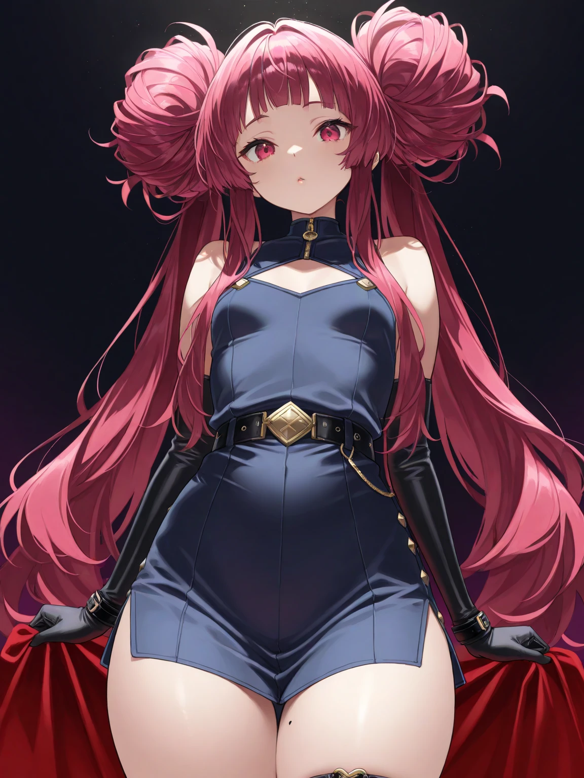 Girl, long red hair, curled hair, angry expression, golden eyes, hairpin, squat down, open legs, big breasts,Full thighs, red high heels,Black silk jumpsuit, translucent,  simple background,silk quality