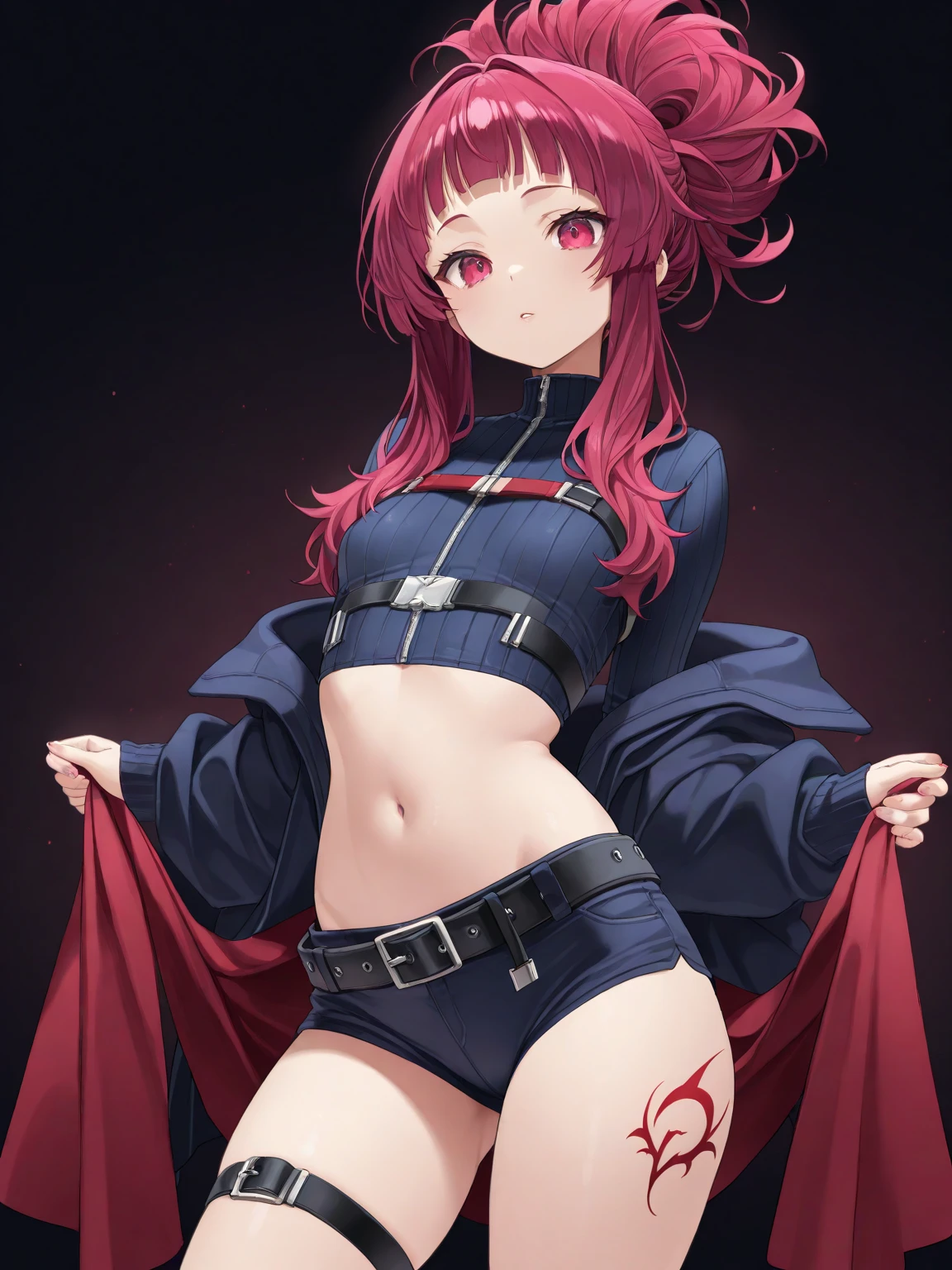 wavy hair, red eyes, red hair, long hair, frown, hair over one eye, ,large breasts, 18yo,Young female,Beautiful Fingers,Beautiful long legs,Beautiful body,Beautiful Nose,Beautiful character design, perfect eyes, perfect face,expressive eyes,masterpiece, best quality, highly detailed, a girls with a gun, open mouth, blazer, sexy gaze, (nsfw) not
safe for work, badass pose , evil smile, smile, guns blazing, anime girl with long hair, beautiful long
haired girl, navel, evil expression, exposed belly, exposed navel, exposed midriff, exposed lower belly,
micro miniskirt, micro pencil skirt, pencil skirt ,holding a gun, outdoor,street,road