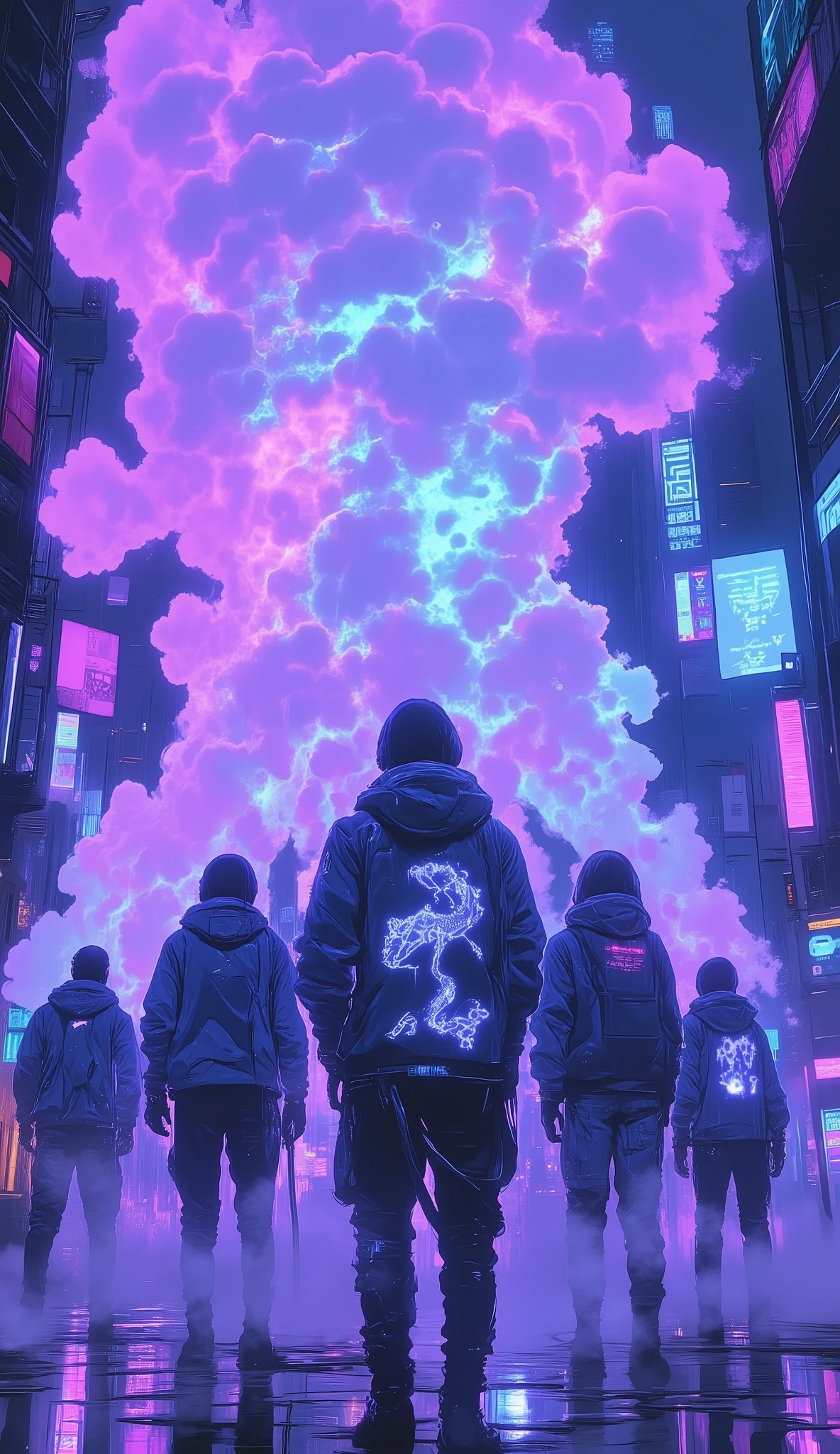 Anime-style cyberpunk scene of a group called "CloudChasers" vaping in a futuristic neon-lit city. Each character has unique techwear outfits with glowing circuit patterns, high-collared jackets, visors or augmented reality glasses, and robotic limbs. They are exhaling massive clouds of vapor, forming intricate shapes like dragons and skulls in the neon light. The background features towering skyscrapers, holographic ads, and hovering vehicles. Rainy ambiance, puddles reflecting the neon signs, vibrant purples, cyans, and electric blues. Cinematic angle, with dynamic lighting and a gritty, high-detail anime finish.