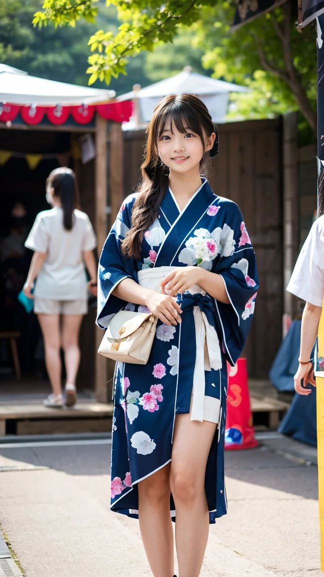 (Best-quality, Masterpiece, Ultra-High-Resolution, (Photorealistic:1.4), Raw Photo, depth of field, professional lighting, perfect anatomy, extremely details), 1girl, 15-years-old, the most famous Japanese idol, ((full body)), (wearing Japanese-YUKATA with cute-design), walking down main street in Kyoto-City, (extremely cute face, ((extremely cute and extremely big eyes)), extremely beautiful hair, extremely beautiful skins), extremely cute long-eyelashes, extremely cute lips, extremely beautiful short-body, looking at viewer, ((innocent smile)), (detailed Japanese-YUKATA, detailed main-street-in-Kyoto-City)