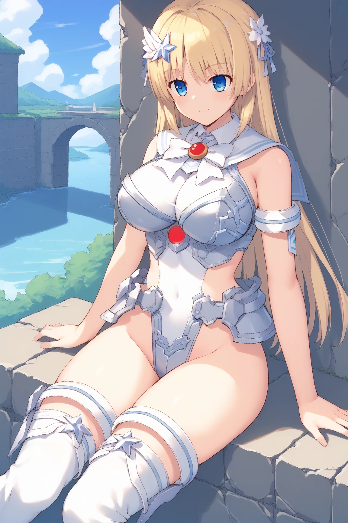 Girl in a white leotard and gloves holding a sword, blonde girl, knights of zodiac girl, portrait knights of zodiac girl, 輝くSapphire armorで, Tits, big breasts, with large breasts, 魅惑的なprincess night, Dressed in light armor, Leotard Armor Girl, princess night, 光沢のあるSapphire armor, Glossy sapphire armor, princess intergalactica, Crystal Sapphire Armor, Sapphire Princess, Sapphire reflective armor, Smooth anime CG art, Sapphire armor, High Quality Anime Art Style