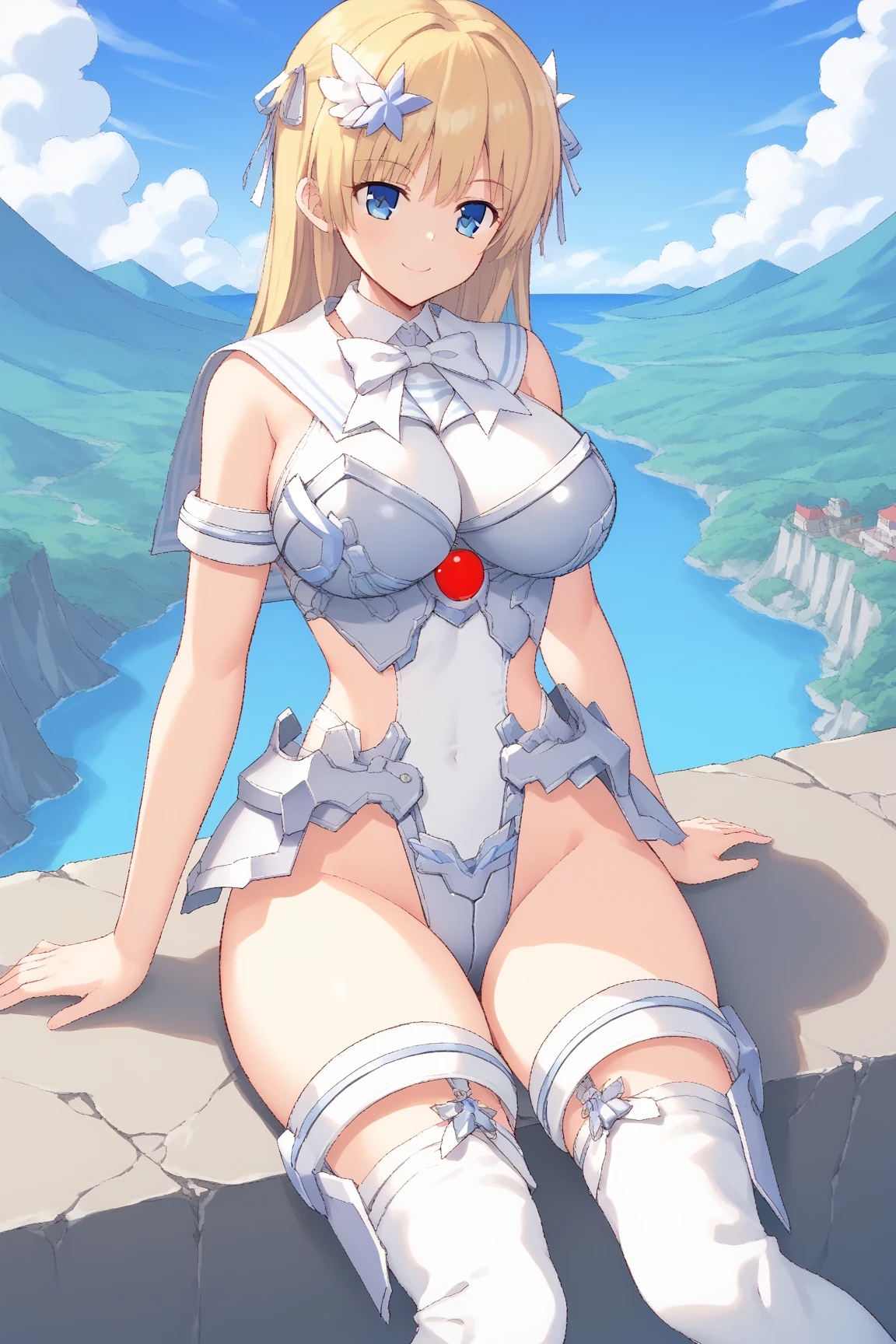 "(masterpiece:1.1), best quality,
1girl, (traditional media 80s:1.4), (eyelashes:1.5), (loli:1.2),
(intricate high detailed body:1.2),
(silver hair:1.1), (blunt bangs:1.1), (long hair, wavy hair:1.1), (headband:1.1),
blue eyes,
(medium breasts:1.1),
(expressionless:1.2),
(leotard armor, navel cutout:1.2), (knight armor, armored boots:1.2),
(fur:1.1), (streaked hair:1.2), gloves,
(dynamic pose, spread legs:1.1),
(cowboy shot, cameltoe:1.1),
(daytime, grassland, outdoors:1.1)"