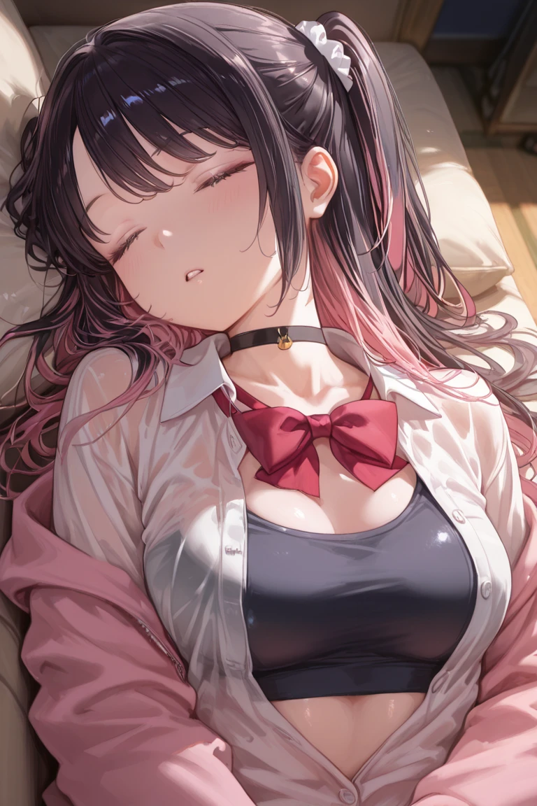 top-quality、One girl、Black-haired、Twin-tailed、Pink ribbon、Pink blush color under red eyes:1.3、Blushing expression、Opening Mouth、a small face、Put your hands on your face、Blouse with white collar、huge tit:1.4、Open chest:1.2、Navel Ejection:1.3、Constriction、Plaid miniskirt、Black long spats dark lighting、Hotel Bets、laying on back:1.6、View here、Angle from diagonally above、Background blur