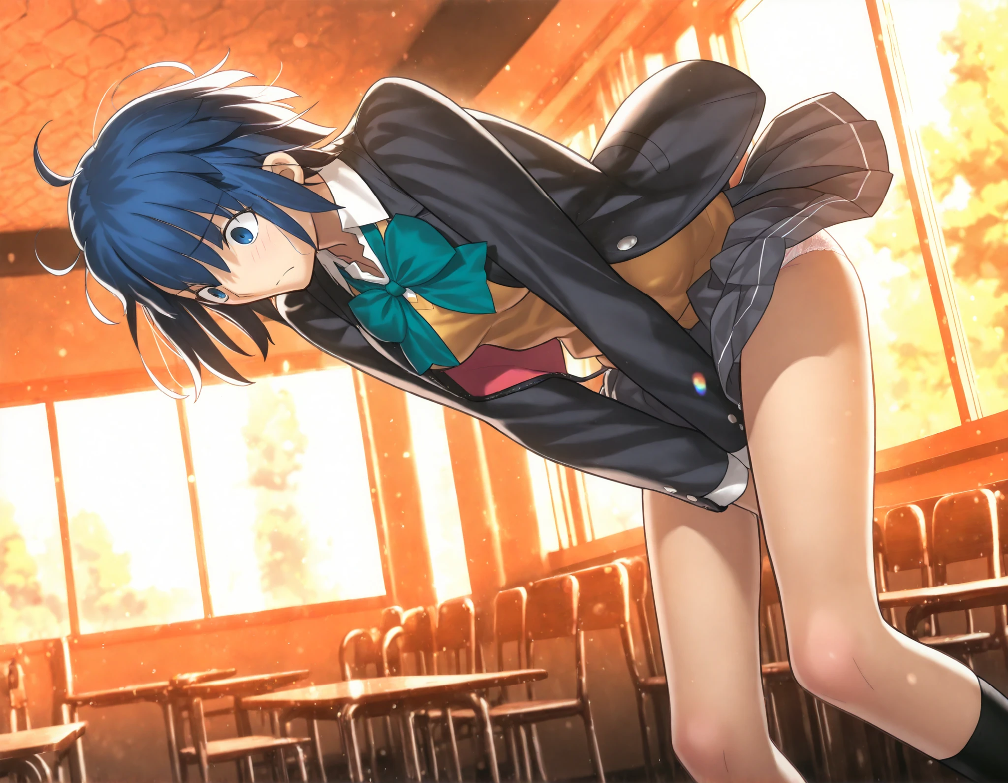 masterpiece, , absurdres, highres, detailed background, high resolution, masterpiece, necessary, detail, best quality, quality, necessary, details, High details, Precise, 8k indoors,(park ,colorful light particles, powder light,),day lens flare, blurry background,(from below ),                                            
                                                                                                                                                                                                                         1girl, Takeuchi Takashi (type-moon,tsukihime) style, takeuchi takashi style, (aged up),(bent over),(wind lift), panties shot, ,(long legs), covering crotch,  ,    
   
girl, (slender body, slim arms, slim bod), solo, el3gymaster ,ciel \(tsukihime\) ,blue eyes, wide eyed, blue hair, ,short hair,(school uniform ,open jacket ,green bowtie ,yellow knit, white undershirt ,grey skirt ,pleated skirt ,socks), white lace panties slip, closed mouth, (medium breasts),(looking down), leaning forward, ,
