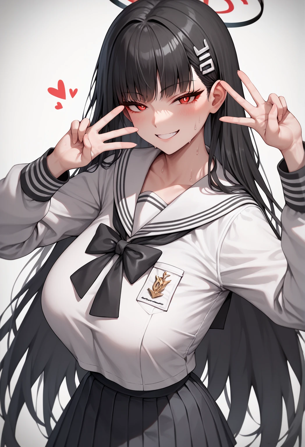 1girl, ahg, rolling eyes, tongue,
cowboy shot, serafuku, skirt, double peace sign, smile, saliva, solo, sweat, drooling, white background
