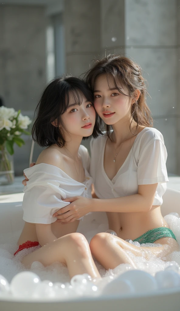 two stunningly beautiful 20-year-old ballet dancers, pressing naked bodies together, chest against chest, rubbing breasts, facing each other, noses almost touch each other, eyes closed, bliss, athletic bodies, detailed skin, jet black hair, identical twins, champagne glass shaped breasts, light freckles, photo-realistic, perfect skin, cute face, natural skin texture, soft warm light, winner of Behance, shower, rain, wet skin, baby oil, love, no make-up