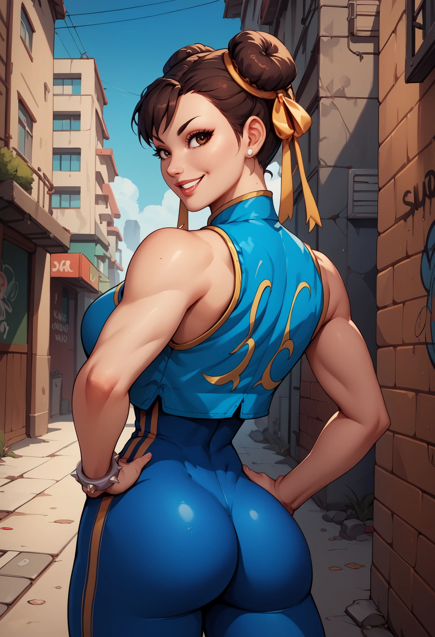 gran trasero,  afromericana, hermosa, labios gruesos, voluminoso trasero, delgada, , pechos grandes y trasero enorme, thicc , voluminosa, gran cuerpo, ojos hermosos, milf, pin up, sticker, chunli, alta resolucion, pose con pespectiva, vista posterior, ropa azul intenso, dos coletas, ojos detallados, sticker,