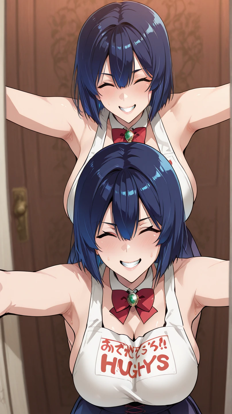 masterpiece, best quality, ultra-high-detailed, 1girl, naked, smiling, without clothes, showing breasts, long hair, open mouth, big breasts, adult woman, touching her underarm, completely naked, both arms up, bedroom, 1girl, beautiful body, pov, point of view, showing her armpits, hands above head