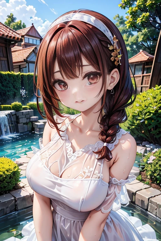 princess_daisy, brown hair ,red lipstick, blue eye shadow, 1girl, solo, perfect breasts, ,earrings glossy lips ,looking at viewer, blush, large breasts, nature, pond, trees, park, long white elbow satin gloves, holding, animal ears, cleavage, bare shoulders, jewelry, very l, gentle smile, pantyhose, earrings, fake rabbit ears, blue leotard, fake animal ears bunny, long white elbow gloves, white gloves