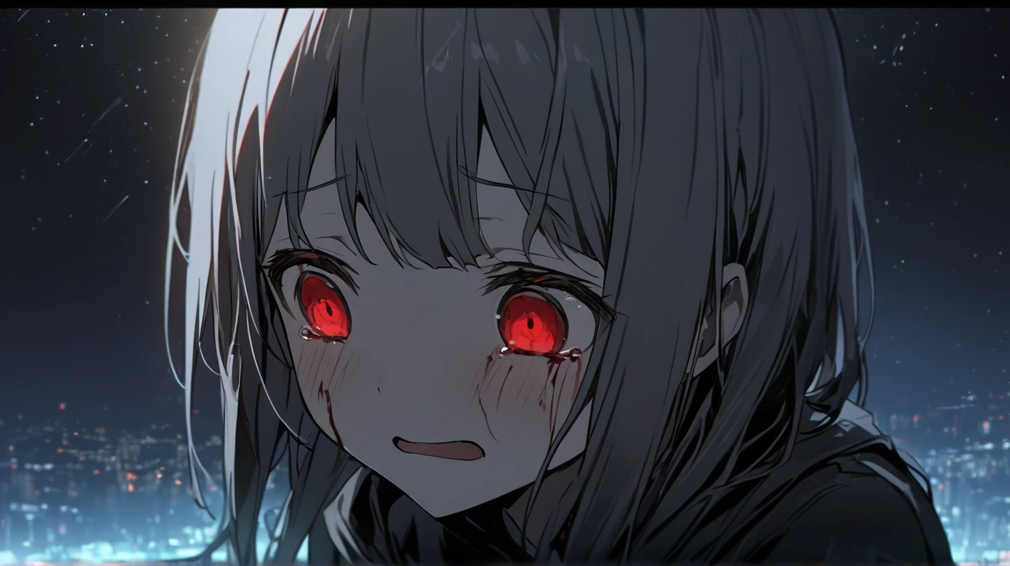 A crying beautiful girl with a sadistic psychopathic face, background pool,white hair, covered in blood ,Smart lighting, aesthetic, cinematic