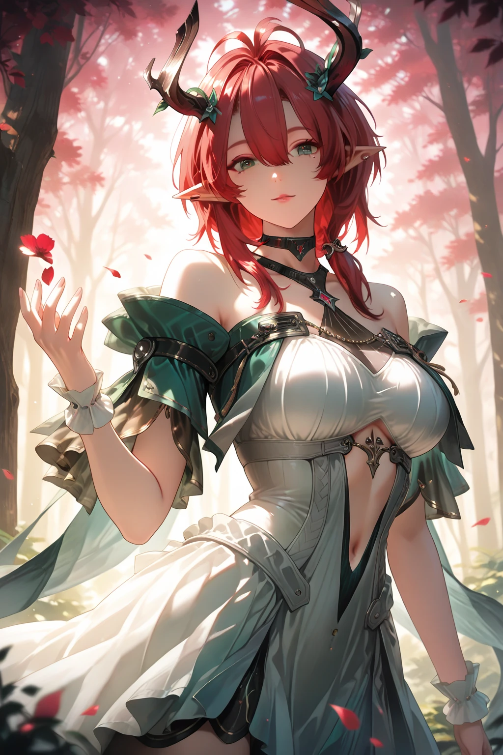(illustration, 8k CG, extremely detailed), masterpiece, ultra-detailed, A beautiful female dragonoid, crimson hairs, she is in a field of flowers, she is dressed in a red princess dress