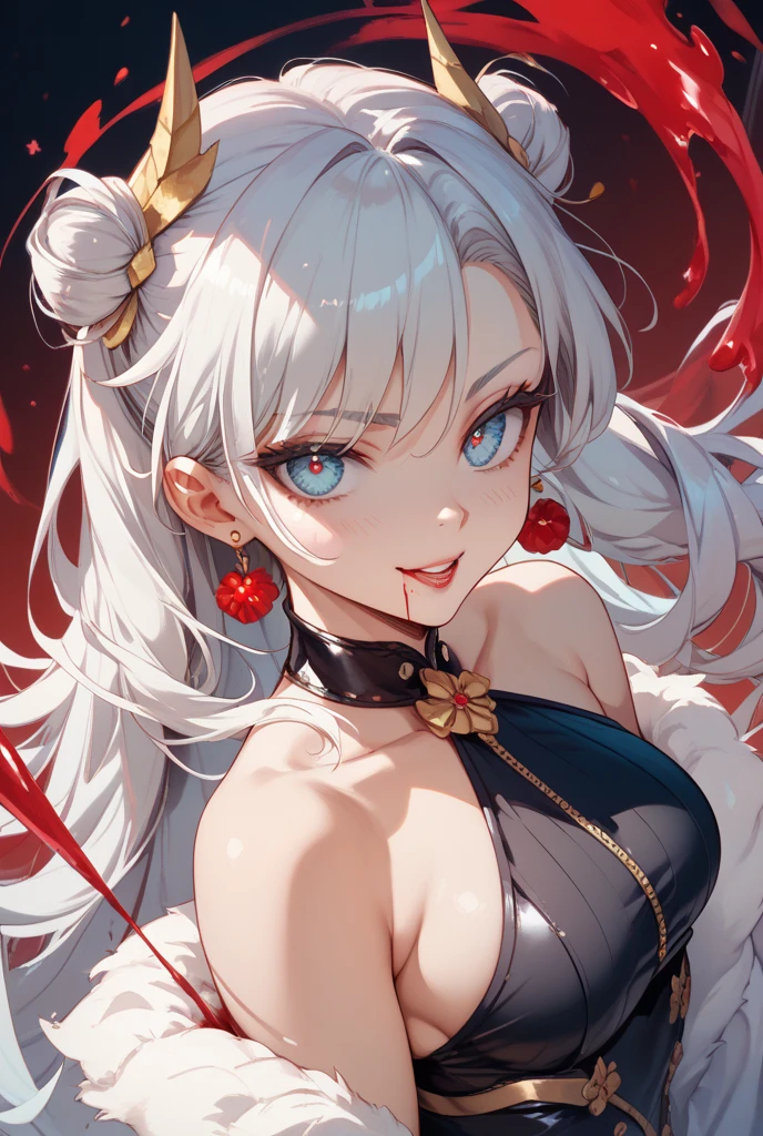 (masterpiece, best quality:1.4), 1 girl, 独奏, Red pupil, Blurred eyes, Smile, Look up and down, Pink lower lip, Left index finger touching face, Silver asymmetrical hairstyle, Long bangs on one side, High ponytail royal sister, Huge breasts, Black dress dress, Vision, black background.