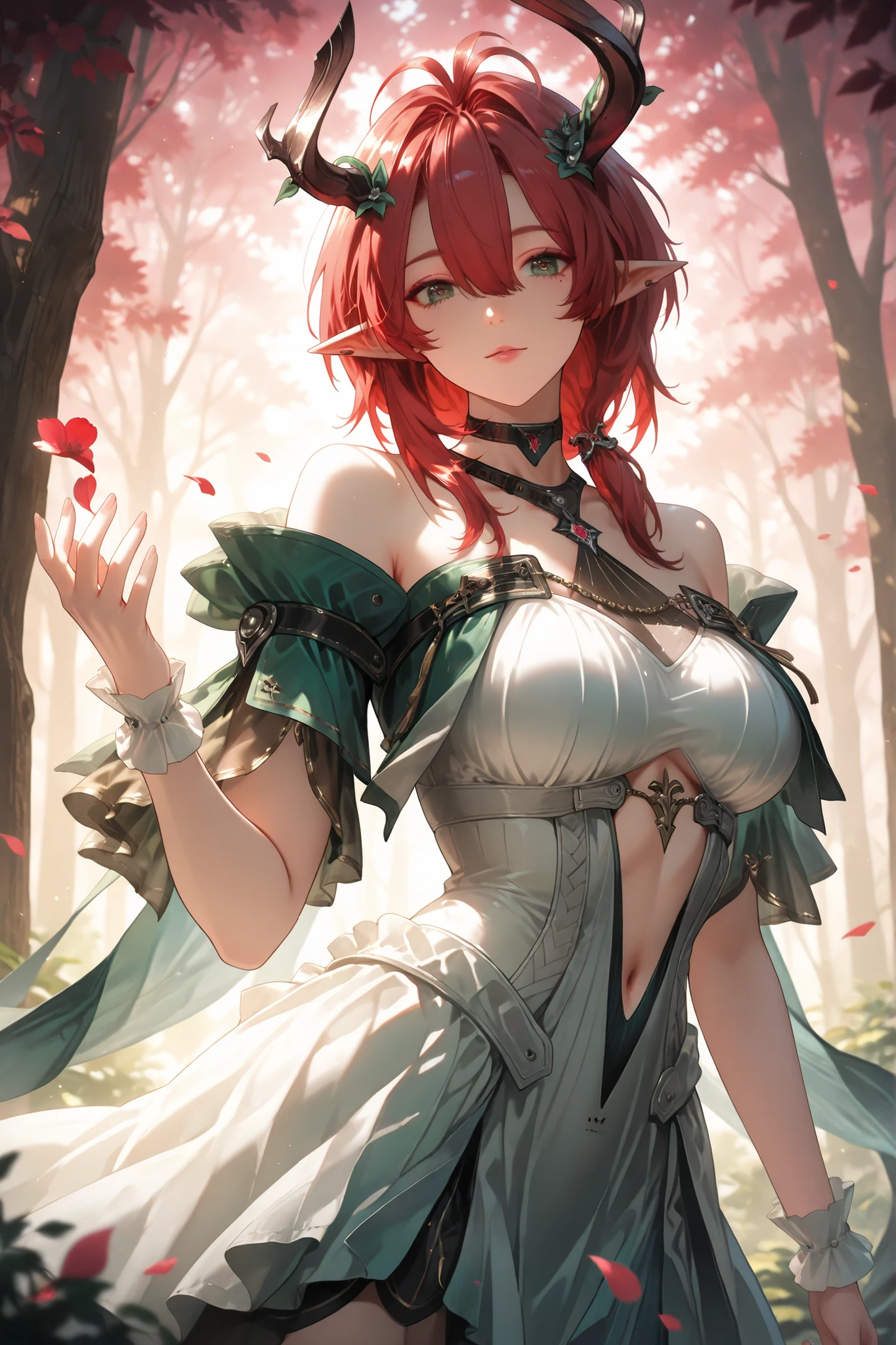 masterpiece, best quality, vibrant, very aesthetic, high contrast, semrealistic, newest, 1girl, adult female, ciaccona \(wuthering waves\), horns, pointy ears, wrist cuffs, petals, navel cutout, bare shoulders, hair between eyes, antenna hair, white dress, looking at viewer, nature, forest, light and shadows, absurdres, highres