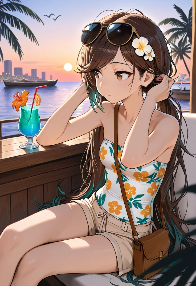 (Highest quality:1.4、masterpiece:1.4、Super detailed:1.4、8K:1.4)、F cup bust、Big Breasts、Slim body、((((1 person、Surprised expression、sit、In the background are the urban buildings of Tokyo、looking at the camera、Outdoor café terrace、Navy hair color、juice、table、Very cute face))))、((nude、Areola、bikini size too small))、(Sunset Beach:1.4、sunset:1.4)、Big eyes、((((Shallow depth of field))))