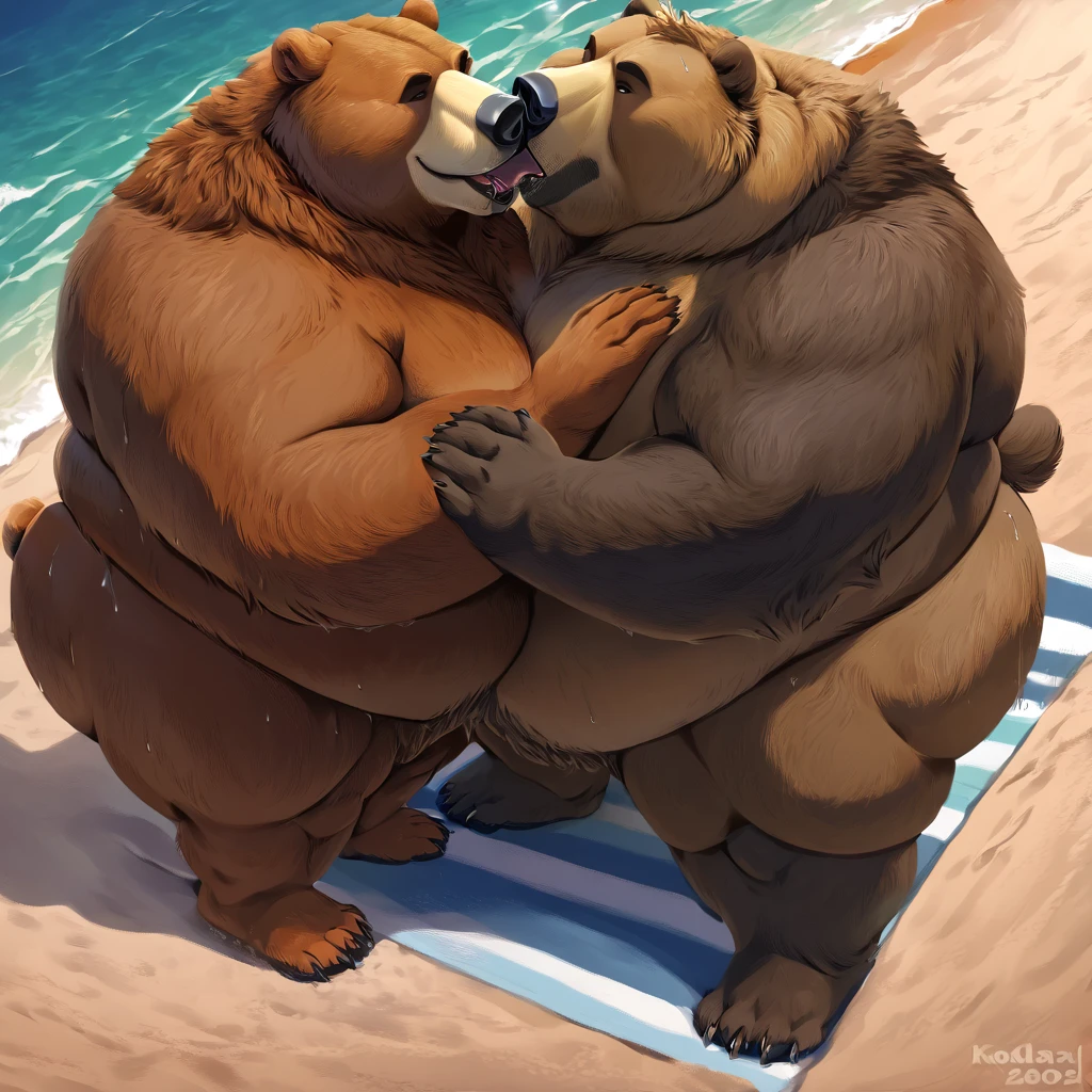 chubby dad male polar bear blue eyes, laying on chair , no clothes , white briefs , watch ,hands on sunglasses , smiling , under sun , spread legs , beach background, sunlight, sandals , high quality , drawing