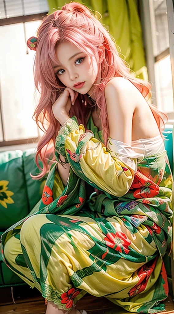 (masterpiece, best quality:1.2), solo, 1girl, tatsumaki, unamused, closed mouth, looking at viewer, hand on own face, sitting, crossed legs,short  kimono,green hair, green eyes,big thighs 