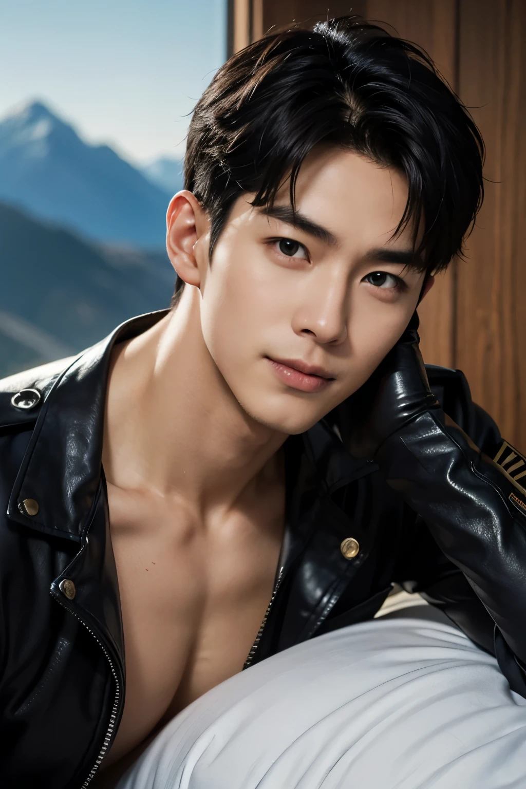 (absurdres, highres, ultra detailed, HDR), masterpiece, intricate details, best quality close-up picture of King perseus in his younger age with a perfect face, smirks, a boy with handsome looks, cool royale outfit, short hair, anime eyes, matured teen, fantastic outfit showing chest, crop top, detailed Philippines interiors, window beach scenery, detailed character, art kenouji