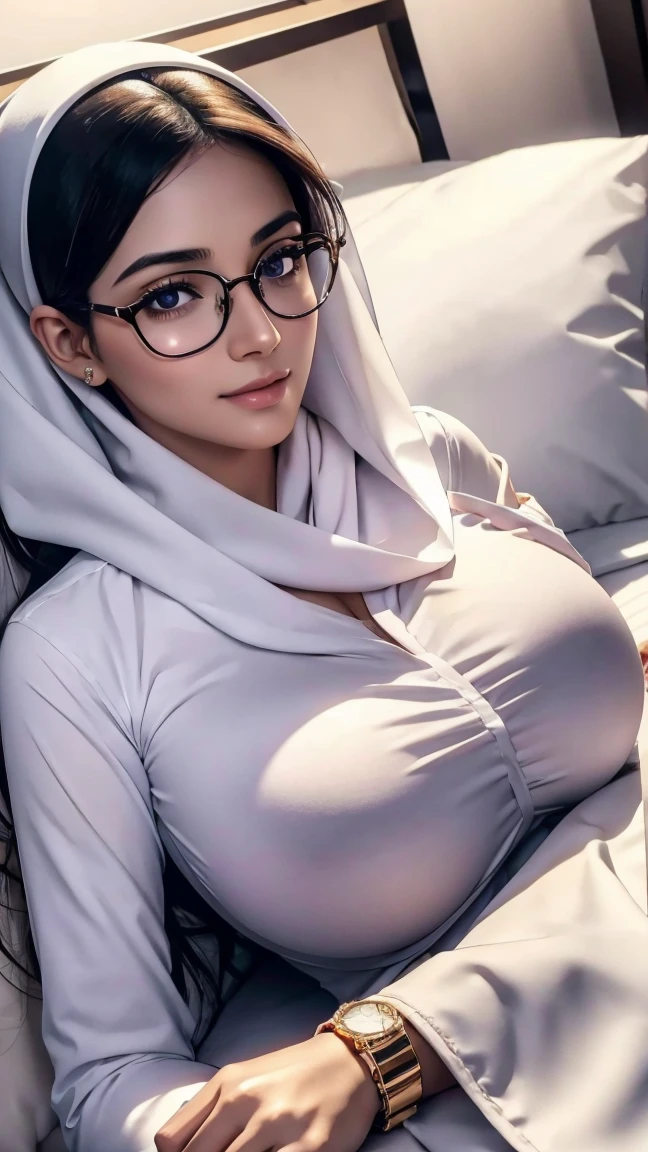 Female ((20year old)), eyes ((blue, big eyes)), clothes ((latex, underwear)), accessories ((heapiece, diamond necklace, hairpin)), gigantic breast, big boobs, oppai, classic house ((library)), seductive face, cleavage, shawls, red lips, bold make-up, (fold your arms behind head:1.2), show armpits, Shadow,((wearing detailed hijab syar'i))