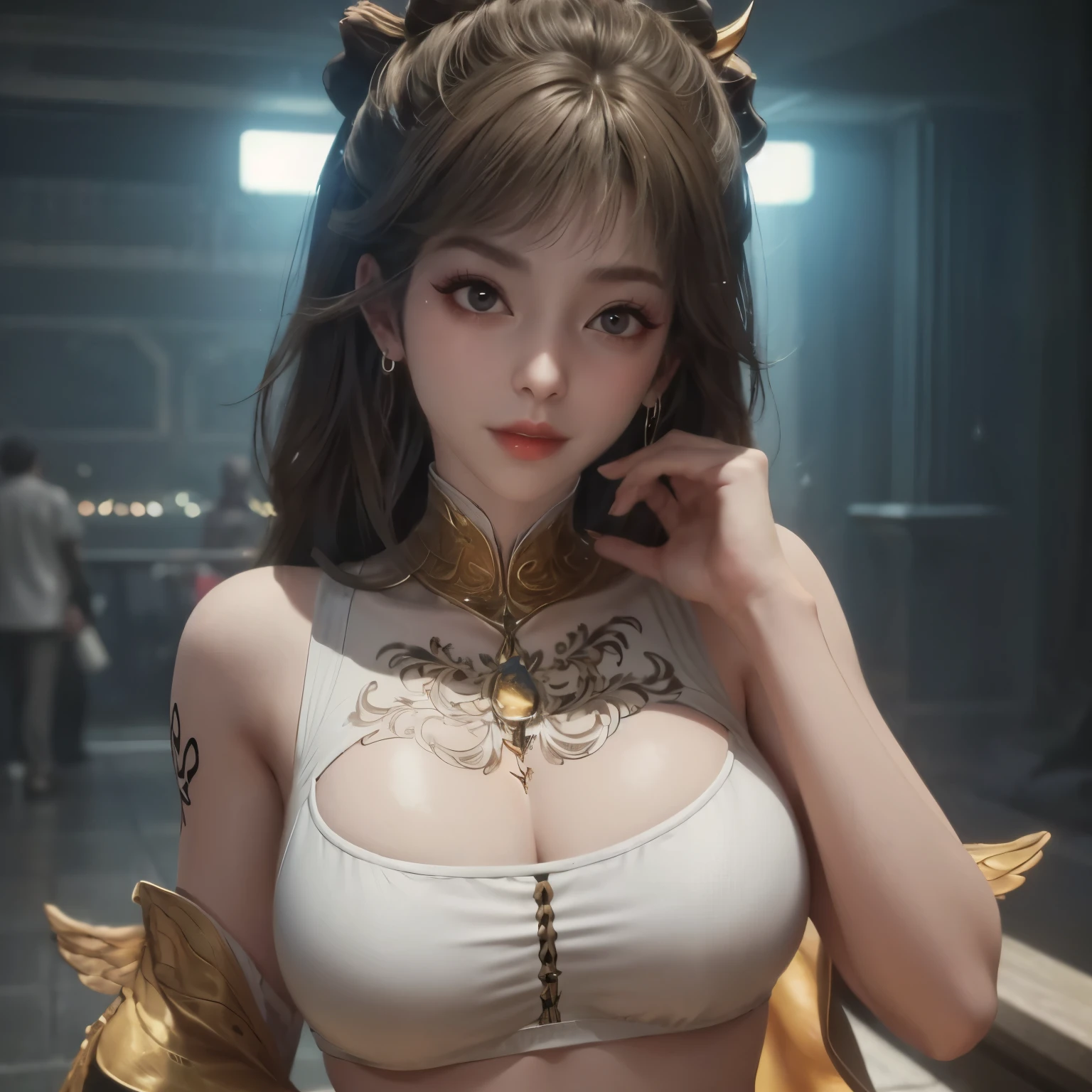 ((Unreal Engine 5)), Realistic Rendering, Excellent, lights on armor, cybernetic headwear, helm, (Yoga Pants), looking on viewer, posing walkdown on street, beautiful face, makeup, (photorealism:1.2), ultrarealistic uhd face, (huge fake boobs:1.4), (gigantic breasts:1.1), (muscle abs), (big butt), (wide hips), (thick thighs), slim waist, hourglass figure, half body, ((glowing skin)), ((shiny skin)), Realistic body, ((she is sexy)), ((clean skin)), photorealistic, bokeh, masterpiece, highres, 1080P.