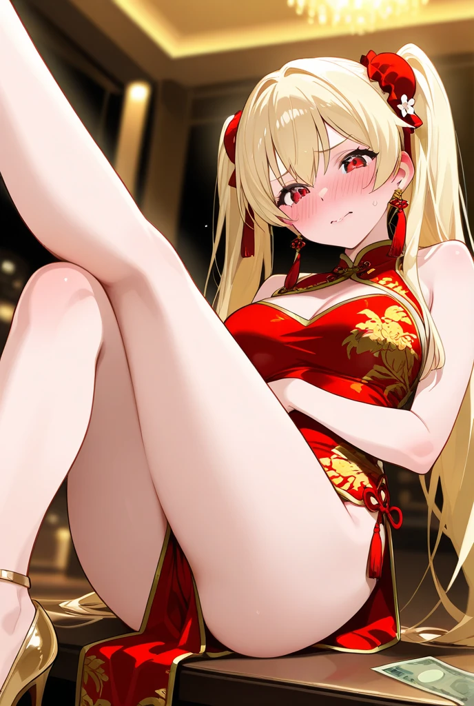 (((Spread your legs、Shooting from below))、(((Accentuate your breasts、Shiny underwear)))、Highest quality, 8k, masterpiece :1.3)), whole body, Sharp focus :One Girl,Glowing Skin,SSexy pose,Highest quality,Tabletop,shape,Very delicate and beautiful,Hmph,8k壁紙,wonderful,In detail,Official Art,Very detailedなティッカーUnity 8k壁紙,Unbelievably ridiculous,Large file size,Very detailedな,High resolution,Very detailed,Beautiful detailed girl,Realistic,X-ray,The queue is full,(((Red Chinese Dress、mini skirt)))、(((Big Breasts、blonde)))、(((Chinatown、Yokohama)))、Stand upright、Cleavage , ((長いblonde))、mini skirt、Red Chinese Dress、Sexy pose、Her hairstyle is twin tails..、both hands、kitagawa marin、Lace panties