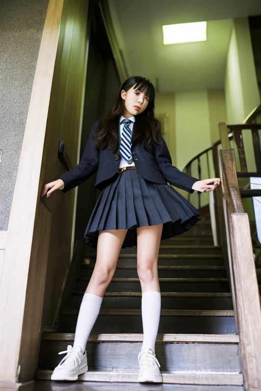Great quality、8k、flying debris、(RAW Photos:1.4)、High resolution、((Composition away from the subject))、((Full body photo from face to ankles))、((Perfect Anatomy))、1 female 14 years old、Small stature、Detailed skin、Glowing Skin、Baby Face、double eyelid、eyes with long eyelashes、Small face、smile、Open your mouth、Staring out the window in the school hallway、Stretch your back、The windows provide natural light、Realistic school scenery、middle School girl、Blue and grey school bag on shoulder、Slender and delicate body、Small breasts、A blazer uniform with green lines、girl 、Check skirt、healthy、young woman、black tights、black tights、Brown loafers、loafers、Full Body Shot、Beautiful Hairstyles、Accentuates very slim legs