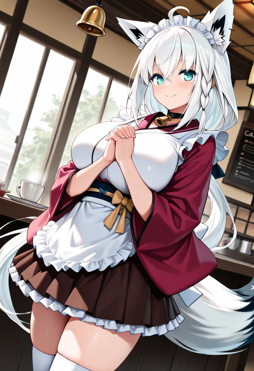(masterpiece, top quality, best quality, official art, beautiful and aesthetic:1.2),(8k, best quality, masterpiece:1.2), (((masterpiece))),(((best quality))),(((extremely detailed))),illustration, who, (masterpiece, top quality, best quality, official art, beautiful and aesthetic:1.2),(8k, best quality, masterpiece:1.2), masterpiece, best quality, illustration, highres, ultra-detailed, 1girl, acheron \(honkai: star rail\), 1girl, solo, pantyhose, breasts, long hair, apron, hair over one eye, looking at viewer, sweater, red eyes, large breasts, ponytail, turtleneck, arms behind back, ahoge, grey hair, closed mouth, long sleeves, white sweater, turtleneck sweater, thighband pantyhose, black pantyhose, cowboy shot, brown pantyhose, indoors, very long hair, white hair, hair intakes, window