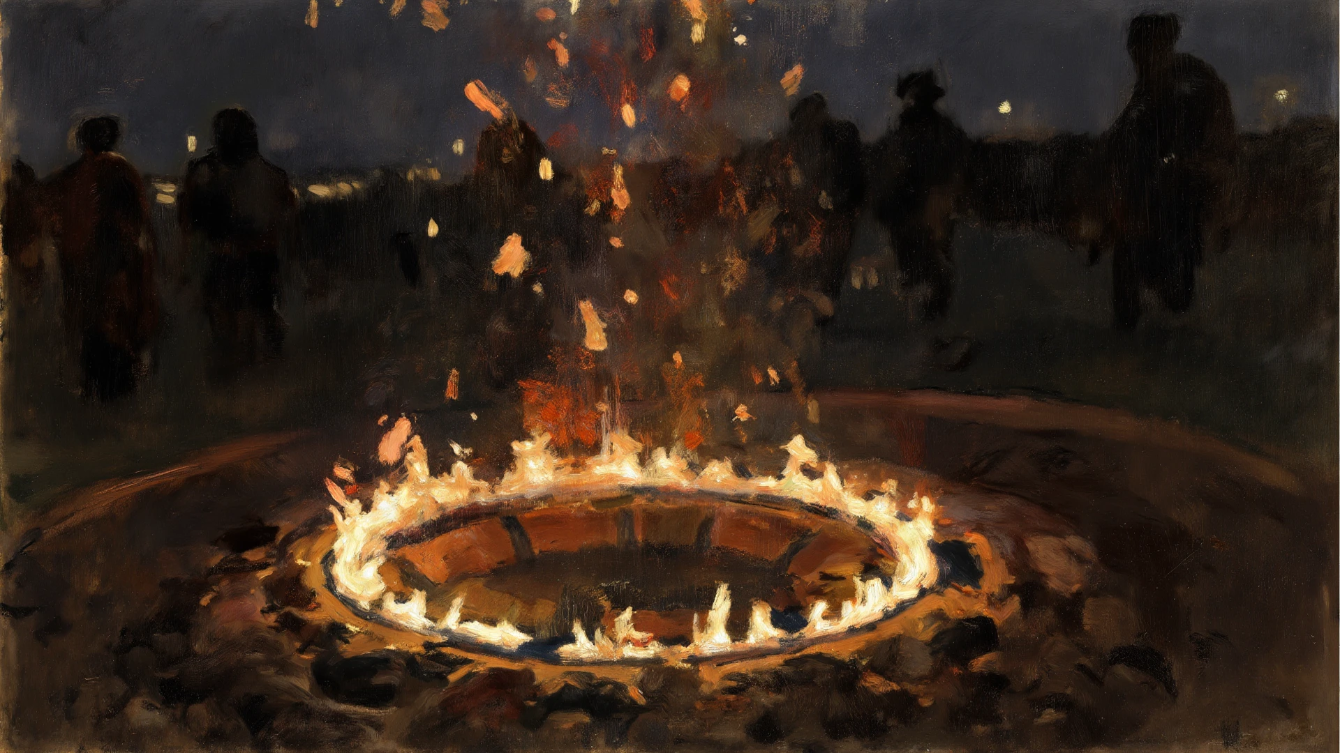 naked white-skinned woman with small breasts with short brown hair barefoot jumps over a fire at night, sparks fly from the fire