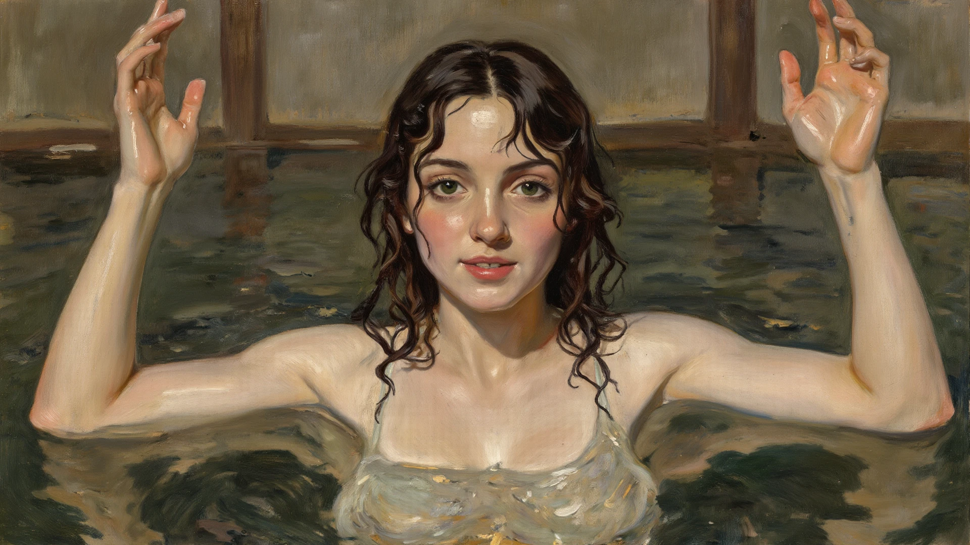 (masterpiece) situation in the shower room, 1 woman, an ethereal and beautiful Hugo Boss model from the 1940s., Beautiful painting with a very detailed face by Alphonse Mucha., Craig Mullins, Greg Rutkowski, Magali Villanueva, (the most beautiful portrait in the world:1.5), woman bathes under drops of water, Without clothing, the whole is visible (body to knees:1.6), smile, knees slightly apart, romance, eyes are open, flirtatious look