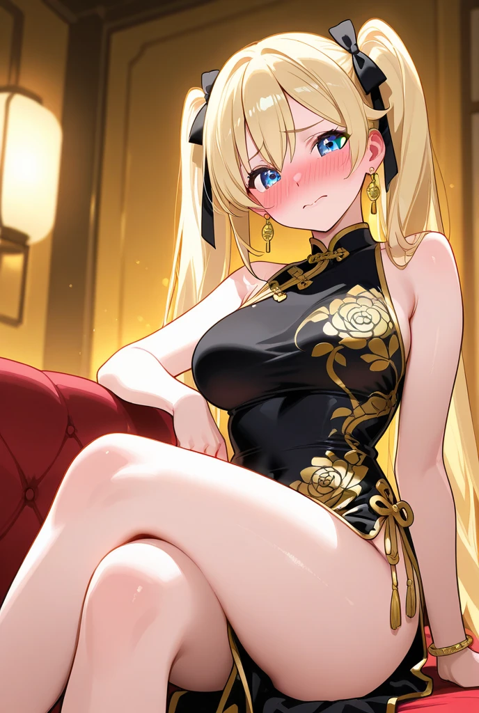 character girl 1,smile,sexy pose,perfect body,odd eye,sparkling eyes,leaning forward,Breast flick,slit,big breasts,low length,he is short,heart background,thin waist,blonde,bun hair,long tongue,white cheongsam,open your mouth,stick out tongue,small clothes