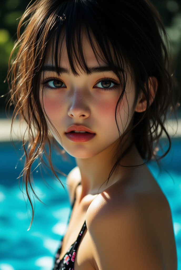 close up portrait of a cute woman in one-piece swimsuit , bathing in a river, reeds, (backlighting), realistic, masterpiece, highest quality, lens flare, shade, bloom, [[chromatic aberration]], digital painting, hyperrealistic