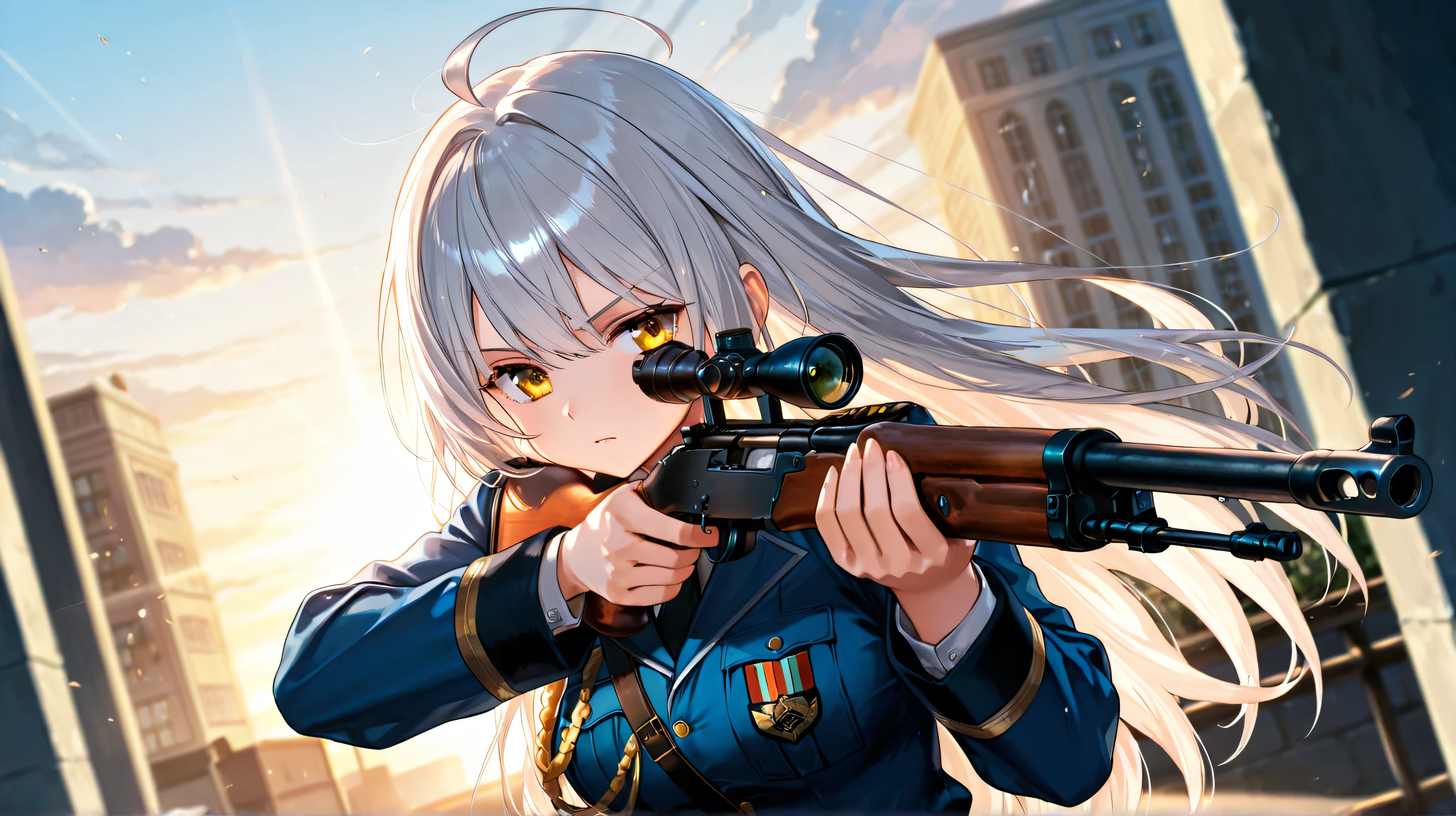 score_9, score_8_up, score_7_up, beautiful fingers, beautiful hands, fingertip, 1 girl, solo, silver hair, long hair, ahoge, golden eyes, military uniform, aiguillette, M1 Garand, scope, aiming, serious, solo focus, Dutch angle shot, upper body, dynamic pose, perfect anatomy, 4k、((masterpiece))、((High Quality))、((uncensored))、 High Quality, Newest, Hi-Res, very high resolution,
