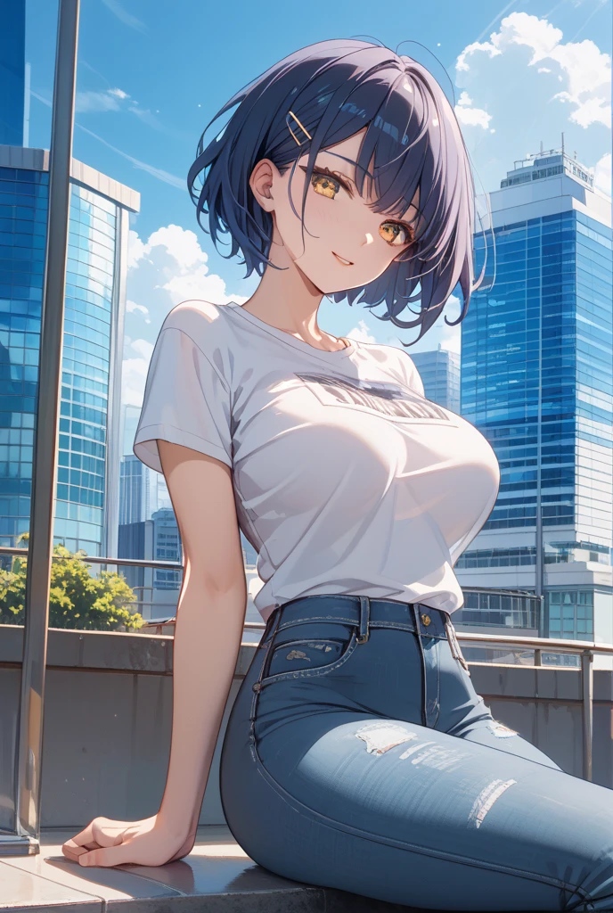 Tabletop, Highest quality, Realistic, In detail, High resolution, 8k wallpaper, Perfect dynamic composition, Beautiful attention to detail, (short Hair, Shiny hair, wave), Hair blowing in the wind, Big ample breasts, cleavage, Random pose, ((cute and thin jacket)), (cute and sexy tank top, Stylish black, pants)、(Breast bulge:1.3), Laughter, Cityscape, Walking around Tokyo, ((Sitting with legs spread wide)), 23 years old、(Droopy eyes)、Adult Beauty、Japanese, ((from below, Photo from a camera placed on the ground)),