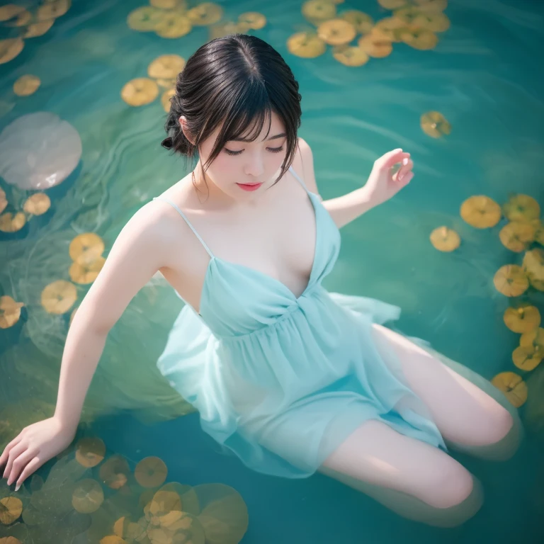 Female pervert，Meditation sitting，Partial underwater photography，BestWorks，Floral pattern sheer dress：1.4，String Camisole Dress：1.5 bubbles of water bubble out of his mouth