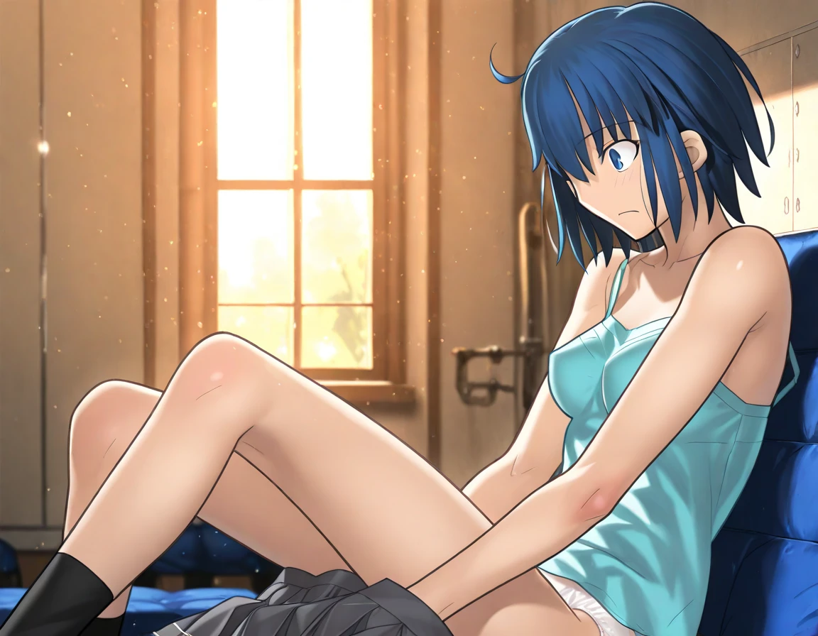 (( masterpiece ))) Background : ( horror theme, dark creepy room, messy and dirty, best quality, highly detailed ). Character ; ( 1girl, sitting on a dirty filthy couch, closed eyes, Haruna Sairenji, open mouth yawning, stretching, Completely naked, fit body, nsfw, hentai red hairclip, forehead, Blue short hair, disgustingly sweating )