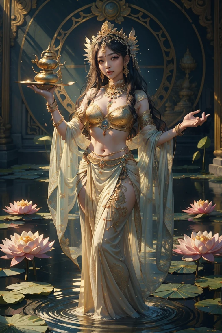 laxmi the goddess of wealth, sitting on lotus throne, pouring a jar of golden coin, full of gold environment, money and diamond everywhere, rain of golden coin. perfect anatomy, perfect eksperssion, super HD, ultra realistic