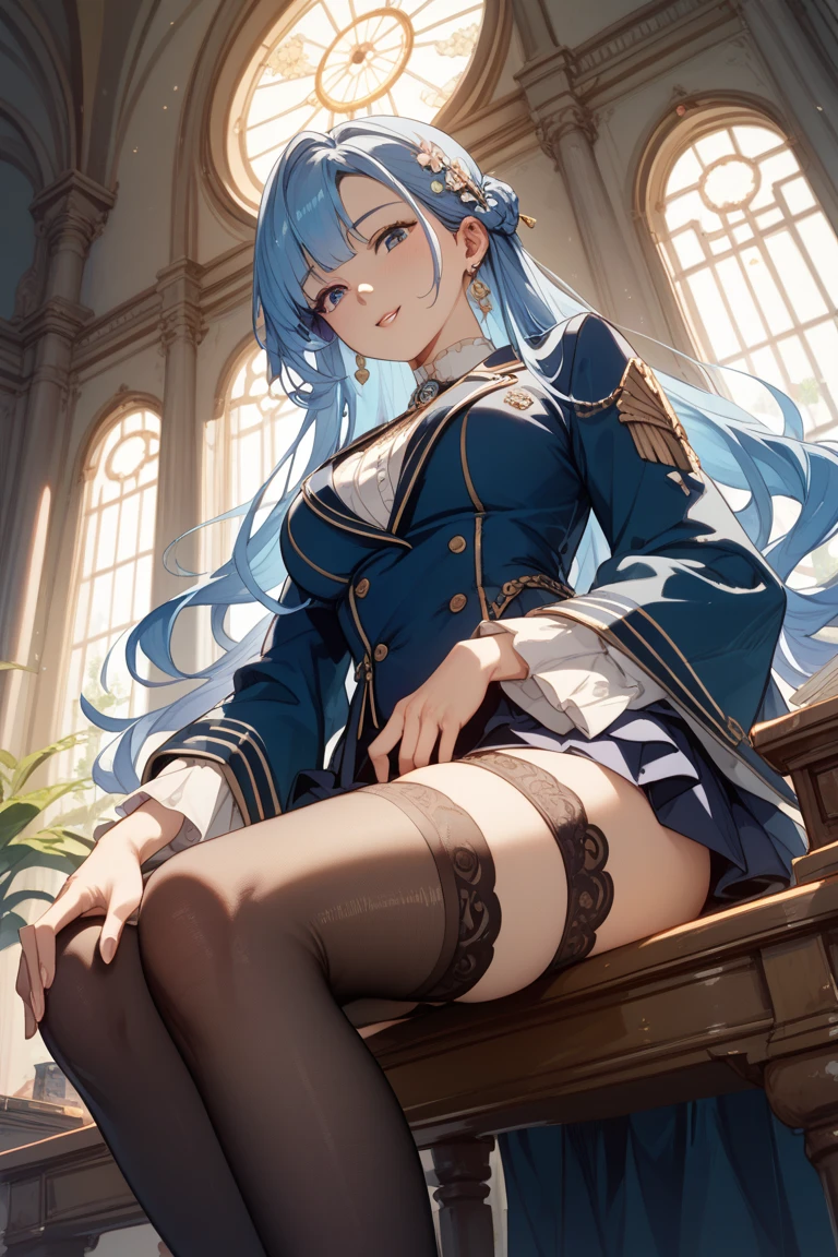 <lora:NCLandyLora:0.75>, NCLandy, 1girl, solo, blue hair, short hair, bangs, white peaked cap, brown pantyhose, white military uniform, white gloves, white cape, , thigh strap, epaulettes, blue pajamas, purple eyes, braid, blue fuzzy sweater, medium breasts, serious expression, reading book, sitting, crossed legs, on a ship, ocean view, daytime, decorated scenery