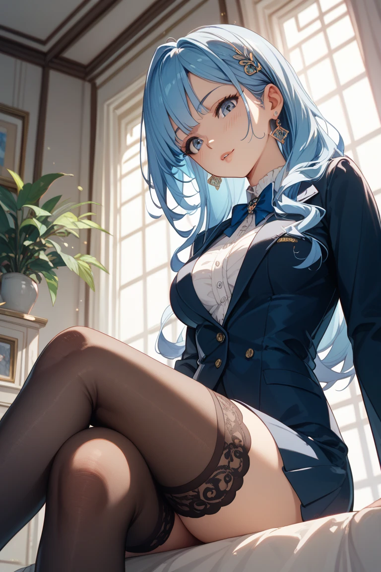 (highres, high quality:1.3), intricate details, cinematic lighting, sharp focus, depth of field,
Ingrid, 1girl, solo, mature female, full body, sitting, on office chair,  crossed legs, office, window, reading newspaper, office table, computer, window, sky
determined,
Blue hair, (single hair bun:0.9), makeup, lipstick, (mole under mouth:0.8), eyelashes, yellow eyes, detailed eyes, perfect face,
(secretary:1.2), striped jacket, bra, (striped skirt:1.1), fishnet pantyhose, high heels,
large breasts, cleavage, areola slip, (nipple slip:0.8),