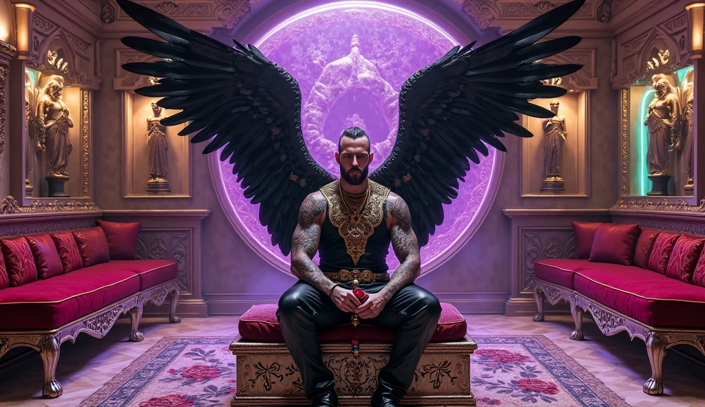 1boy, 25 years old, tan skin, white to blonde faded hair, full body tattoo, body hair, facial hair, demon horn, demon wings, hell throne, showing his ass
